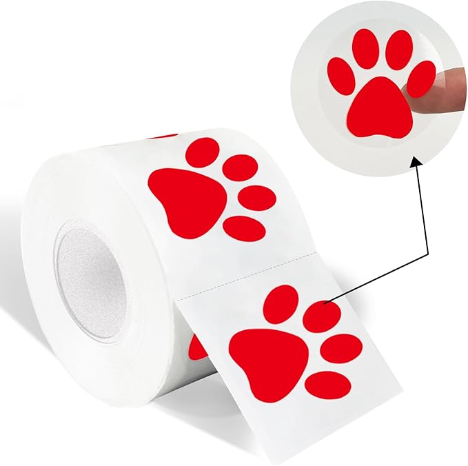 Paw Print Stickers, 1.5" Clear Round Bear Paw Stickers with Perforation Line (500 PCS, Red)