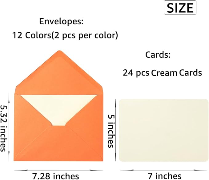 A7 Colorful Envelopes and Blank Cards 24 Pieces A7 Envelopes and 24 Pieces 5x7 Cream Color Flat Cards for Weddings, Invitations, Birthday, Baby Shower (Cream/Multicolor)