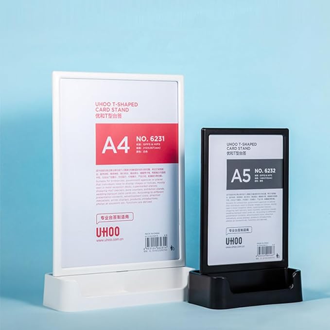 ABS Plastic Sign Holder, Menu Displays T Shape Sign Stand with Business Card Holder, Plastic Display Stand for Ads, Menu, Photos, Business Card (Black A5 148×210mm/5.83×8.27 inches)