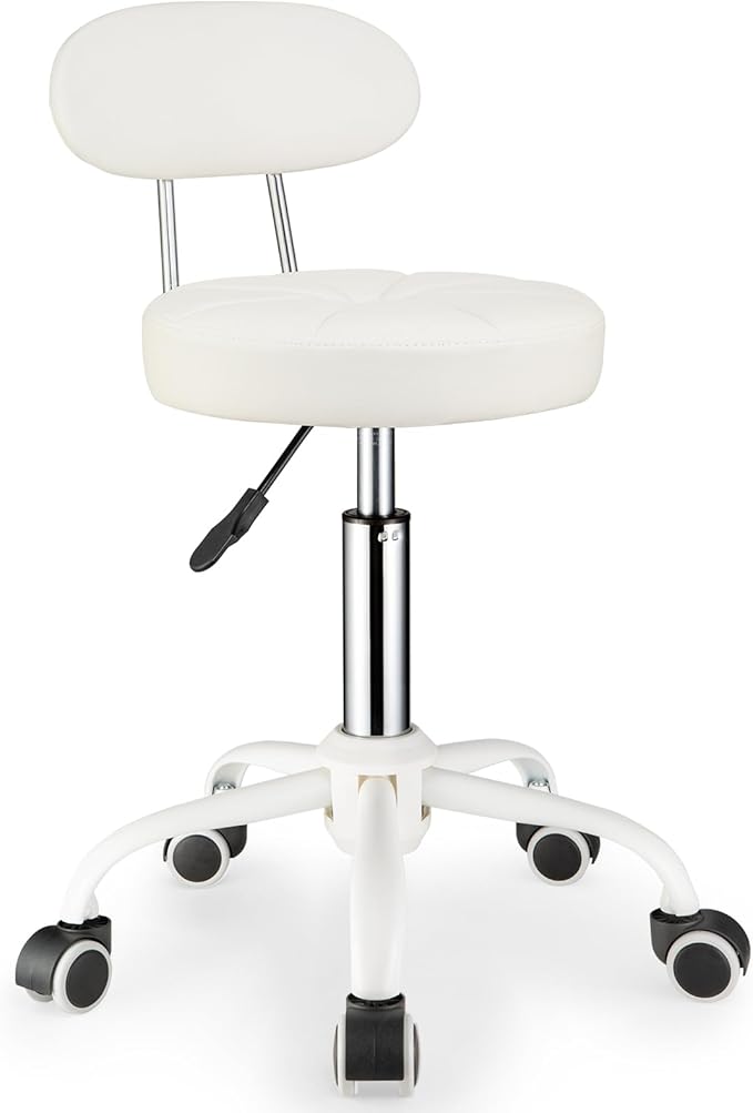 Swivel Rolling Stool with Wheels Height Adjustable Chair Rolling Drafting Chair Spa Stool Chair Backrest White