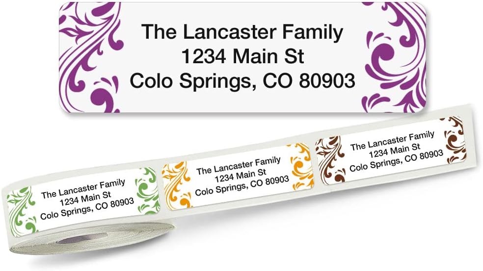 Colorful Images Elegant Swirl Rolled Personalized Return Address Mailing Labels with Dispenser, Customize with Name & Shipping Address, 250 ¾” x 2½” Self Adhesive, Easy Peel Label Roll