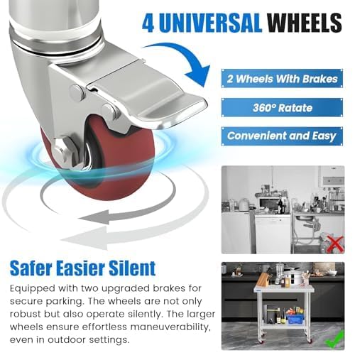 Stainless Steel Table for Prep & Work with Undershelf 24 x 24 Inches NSF Metal Commercial Kitchen Prep Table with Adjustable Under Shelf Worktable for Restaurant Home Outdoor