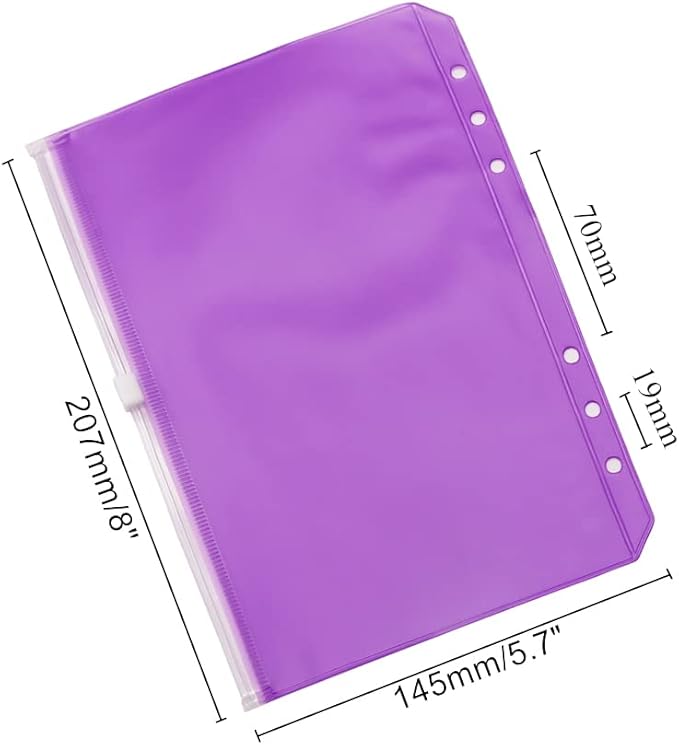 Purple PVC Binder Pockets 12pcs A5 Binders Zipper Pouch Bag Loose Leaf 6 Holes PVC Zip Organizer Folder for Journal Budget Filing Pocket Bags