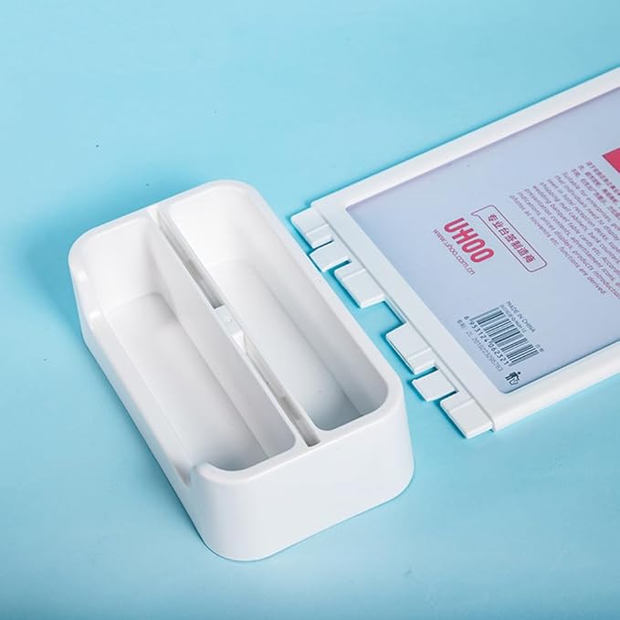 ABS Plastic Sign Holder, Menu Displays T Shape Sign Stand with Business Card Holder, Plastic Display Stand for Ads, Menu, Photos, Business Card (White A5 148×210mm//5.83×8.27 inches)