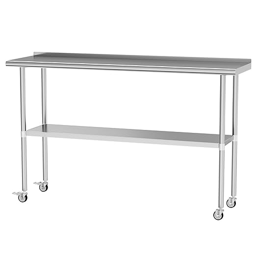 Stainless Steel Table with Wheels 18 x 60 Inches Metal Prep Table with Backsplash & Caster, Adjustable Undershelf for Commercial Kitchen, Outdoor, Restaurant, Hotel & Garage
