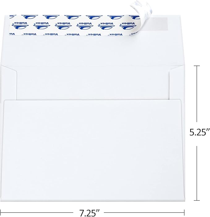 ValBox 5x7 Envelopes for Invitation 100 Qty A7 Envelopes Self Seal White, Printable Paper Envelope for 5x7 Cards, Weddings, Baby Shower, Stationery, Office, 5.25 x 7.25 Inches