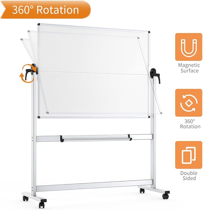 VIZ-PRO Double-Sided Mobile Whiteboard, 48 x 36 Inches, Magnetic Rolling Dry Erase White Board on Wheels with Aluminium Frame and Stand