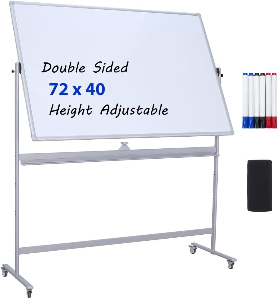72" x 40" Height-Adjustable Mobile Whiteboard | Double-Sided Magnetic Dry Erase Board on 360° Rolling Stand | Large Reversible Whiteboard for Office, Classroom & Home, Silver