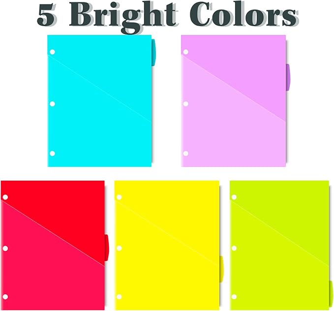 INFUN Plastic 5-Tab Binder Dividers with 2 Clear Pockets - 6 Sets, 30 pcs Multicolor Pocket Dividers with 3 Holes for 3 Ring Binders,Total 30 Tabs