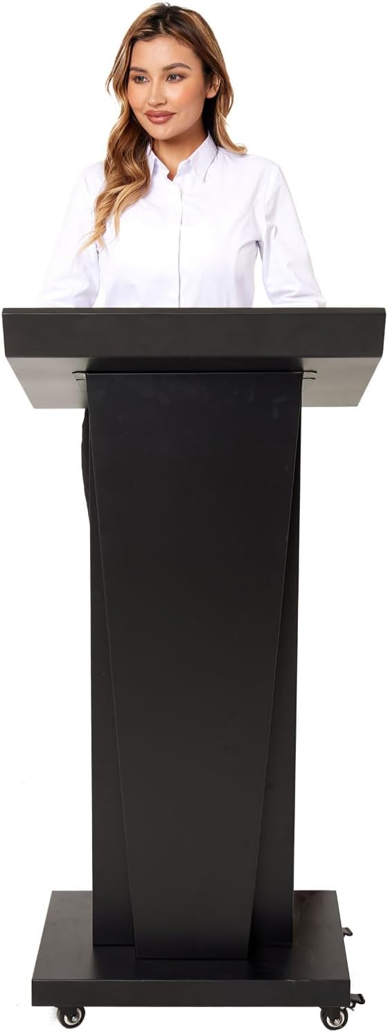 Podium Stand with 4 Locking Wheels, Lecterns & Podiums for Church School Office Conference Home, Heavy Duty Metal, Large Storage Area, Slant Desktop, 50.4" H