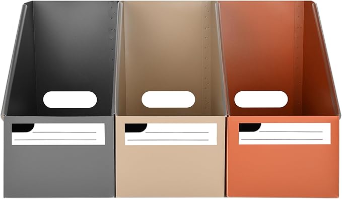 SAYEEC Plastic Magazine File Holder, 3 Pack Foldable Folder Holder with Labels, Vertical File Paper Organizer Magazine Storage Box Rack Book Bins for Desk (3 Colors (Coffee, Khaki, Orange))