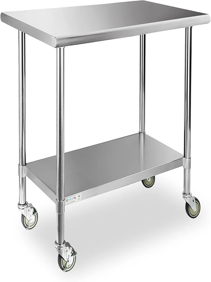 STABLEINK Stainless Steel Table with Caster Wheels 24 x 30 Inches, NSF Commercial Prep & Work Table with Adjustable Undershelf and Table Foot, for Commercial Kitchen, Restaurant, Hotel and Garage