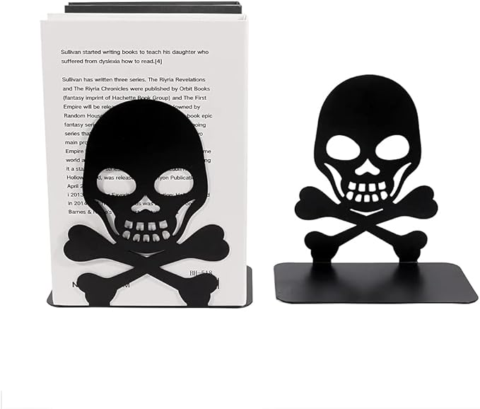Metal Skull Design Black Bookend - Heavy-Duty Bookends for Shelves, Skull Book Ends for Heavy Books, Book Shelf Holder Home Office Decorative Desktop Organizer (1 Pair A)