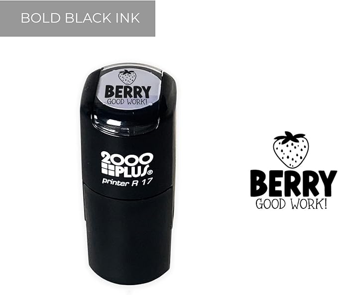 Berry Good Work Stamp / 2000 Plus Self Inking Teacher Strawberry Fruit Food Themed Stamper / 9/16" Round Small Black Imprint Planner Worksheet School Homework Classroom Stamp