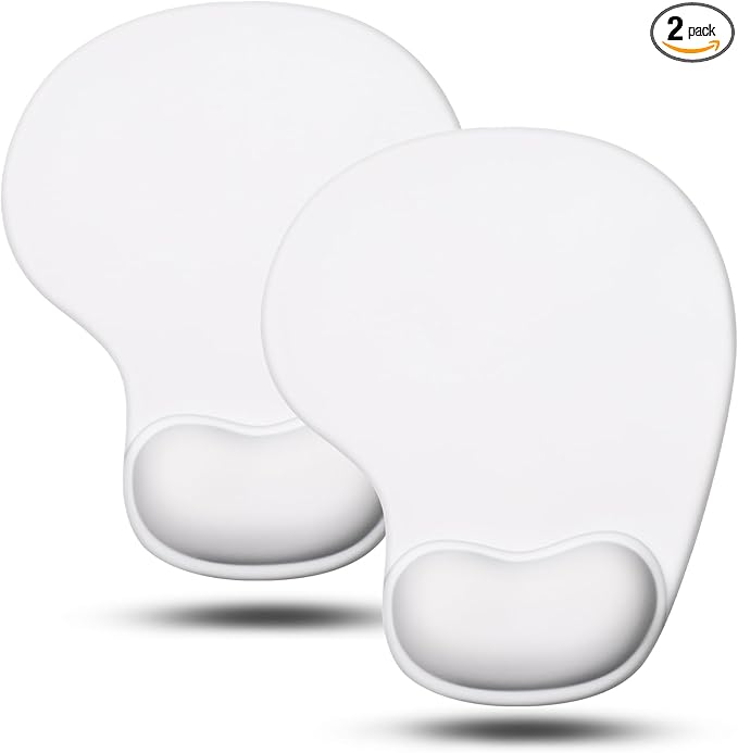 JIKIOU Mouse Pad, 2 Pack Ergonomic Mouse Pads with Comfortable Gel Wrist Rest Support and Lycra Cloth, Non-Slip PU Base for Easy Typing Pain Relief Durable and Easy to Clean Small White