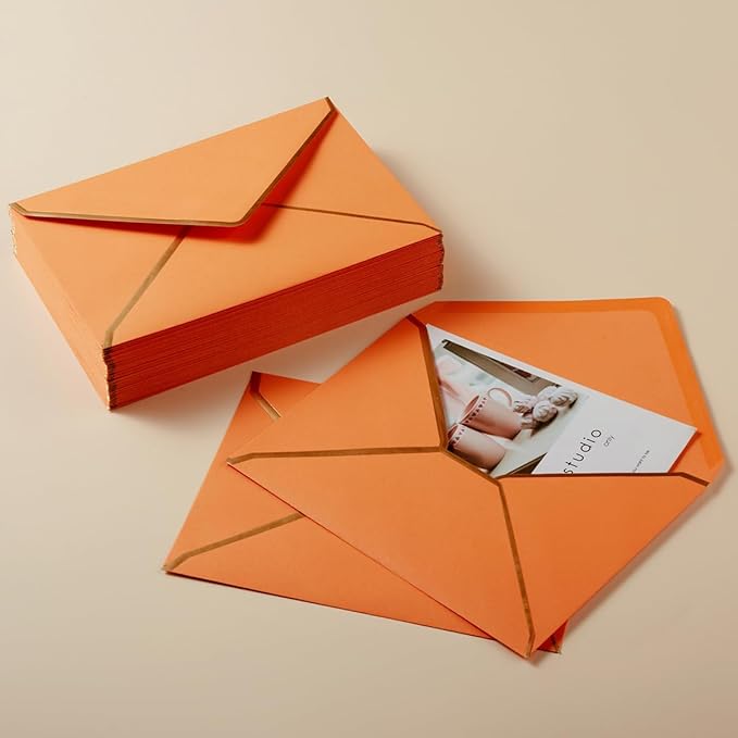50 Pack Dark Orange A7 Envelopes 5 x 7 Self-Adhesive V Flap Envelopes with Gold Border for Office, Greeting Card, Wedding, Graduation, Baby Shower, Parties, Invitations (5x7 inches)