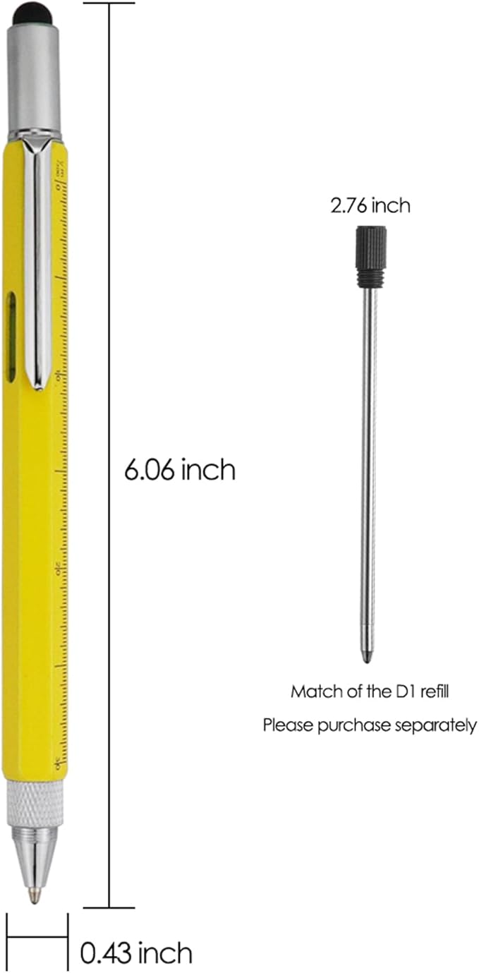 HeTaoCat Gifts Multi Tech Tool Pen 6 in 1 Stylus Pen - Screwdriver Pen with Ruler, Levelgauge, Ballpoint Pen Black ink (Yellow)