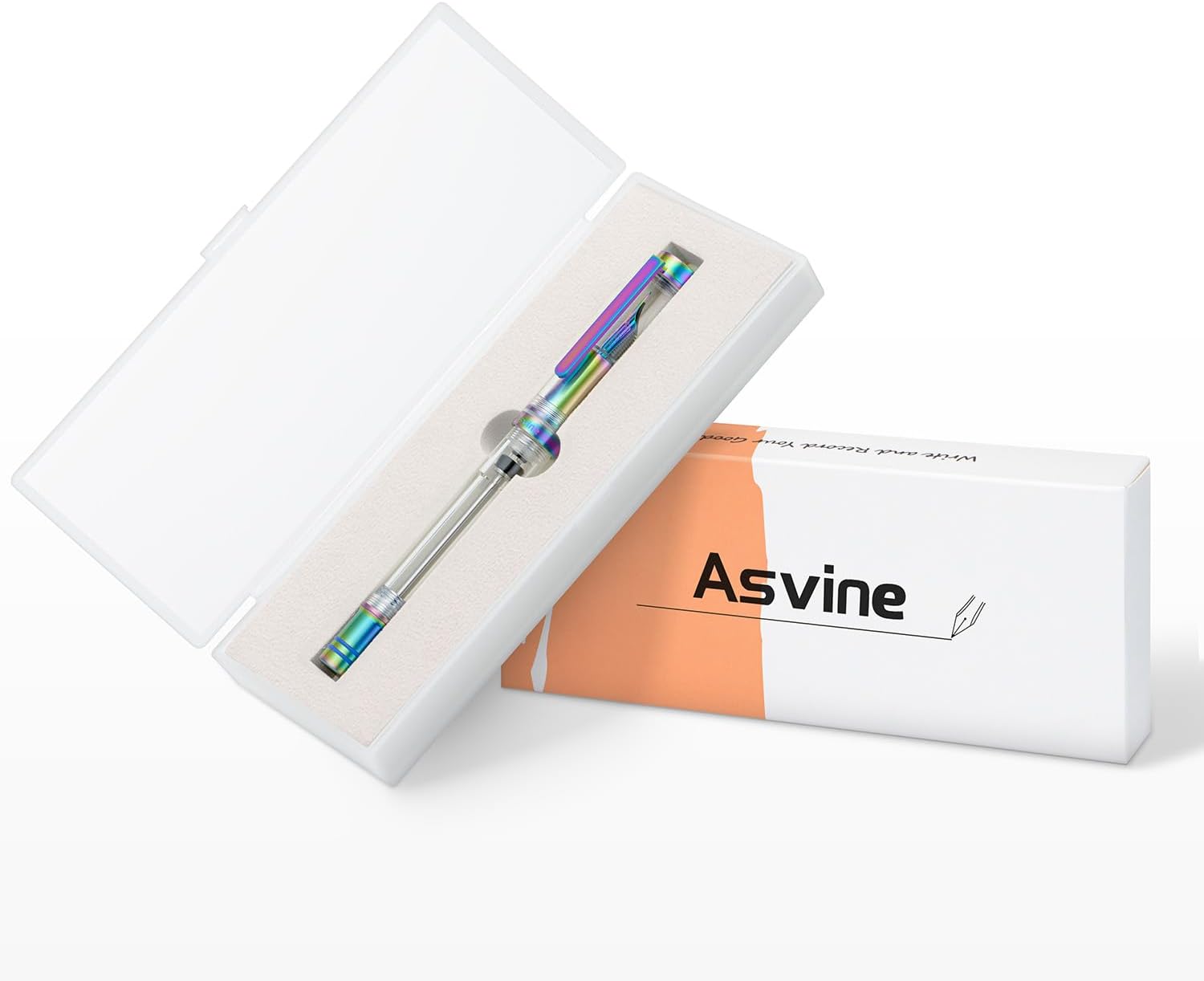 Asvine V200 Titanium Fountain Pen Vacuum Filling, Rainbow Medium Nib Clear Demonstrator Acrylic with Pen Case and Wrench