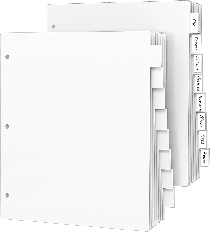 3 Ring Binder Dividers with 8 Tabs, 2 Set 8 Dividers Binder, 1/5 Cut Tabs, Letter Size Binder Dividers White, Sheet Protectors 8.5" x 11", 3 Hole Punch Dividers 8 Tab Sets, Total 16 Dividers