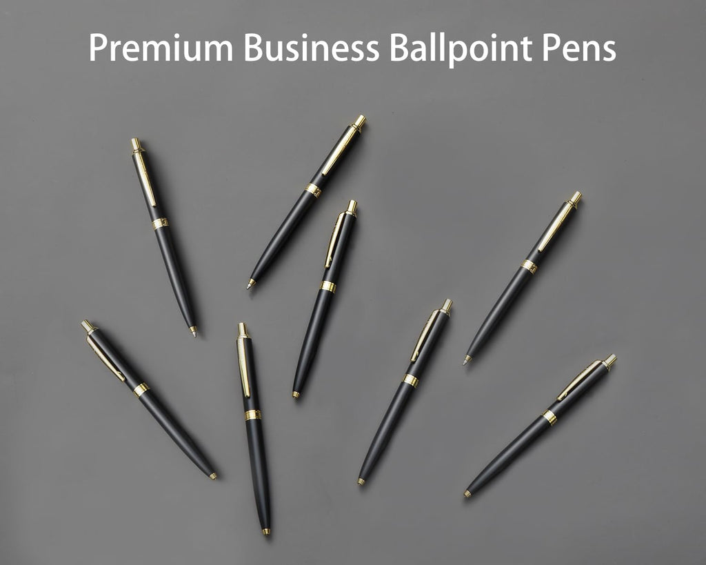 LINFANC 8 Pack Ballpoint Pens, Premium Retractable Metal Ballpoint Pen, Medium Point 1.0mm Black Ink Pen for Home School Work Office Supplies, Matte Black with Gold Trim, Extra 8 Refills