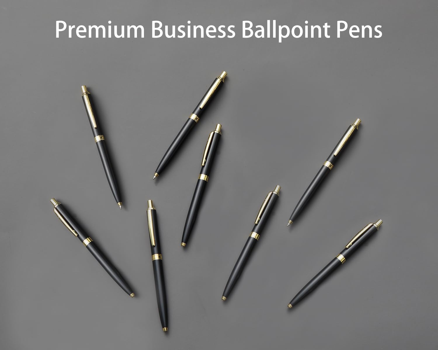 LINFANC 8 Pack Ballpoint Pens, Premium Retractable Metal Ballpoint Pen, Medium Point 1.0mm Black Ink Pen for Home School Work Office Supplies, Matte Black with Gold Trim, Extra 8 Refills