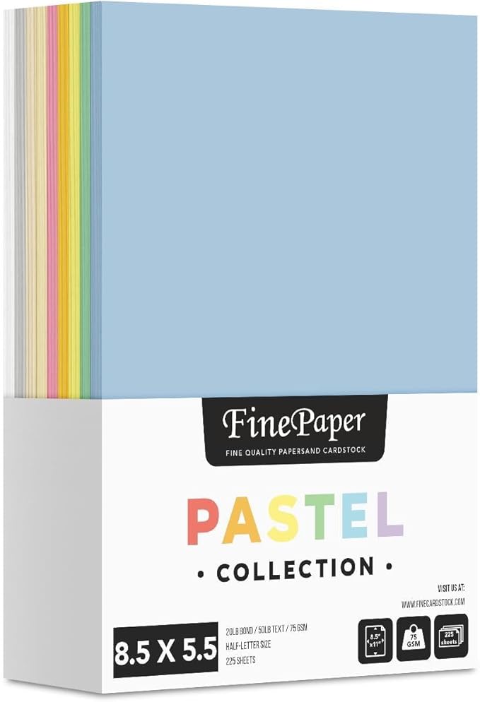 Assorted Pastel Colored Paper – Assortment of 9 Colors for Arts and Crafts, Invitations, Flyers, Posters | Regular 20lb Bond (75gsm) | 8.5" x 5.5" | 25 Each Color (225 Sheets Total)