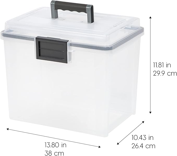 IRIS USA File Box WeatherPro Portable File Organizer Plastic File Box for Letter File w/ Organizer-Lid, Durable Lid and Gasket Seal, Secure Latching Buckles, Stackable, Lockable, Clear 19 Qt. 4 Pack