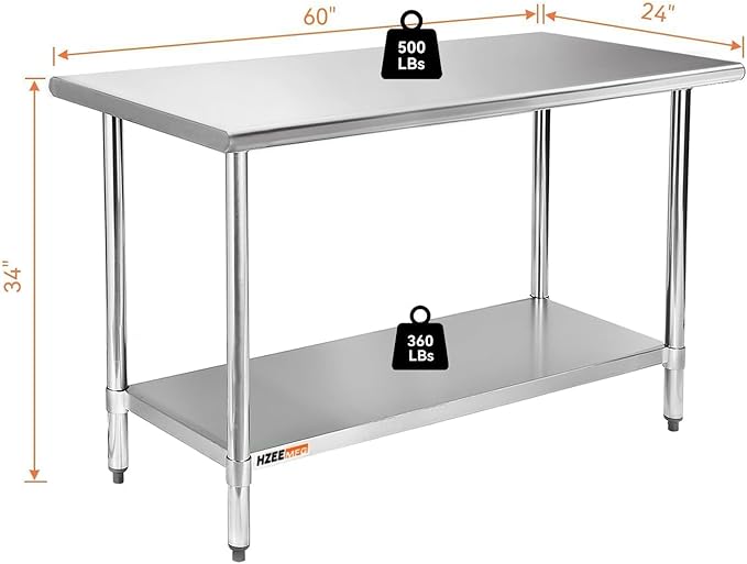 Stainless Steel Table for Prep & Work with Adjustable Undershelf 60 x 24 inches,5ft, Heavy Duty Commercial Kitchen Table for Restaurant, Home, Hotel, Kitchen Prep Tables