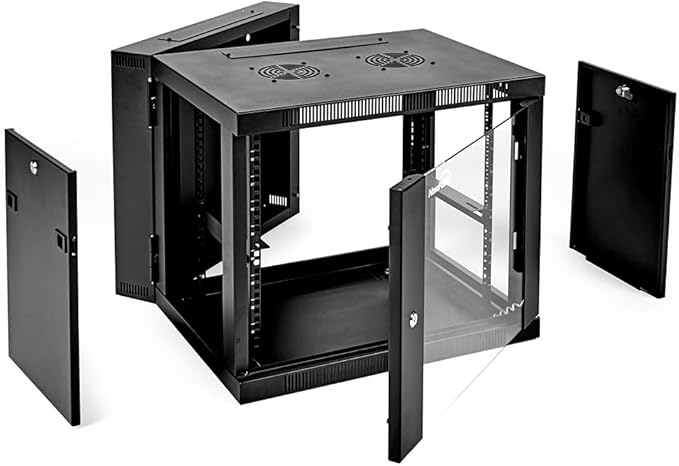 NavePoint 9U Server Cabinet with Hinged Back - 25.5” Deep, 9U Server Rack Enclosure with Locking Glass Door, Wall Mount Rack with Removable Side Panels, 9U Network Cabinet with 2 Fans, Pre-Assembled