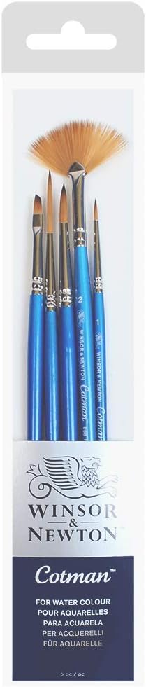 Winsor & Newton Cotman Short Handle Brushes, Set of 5, (Round 1 & 5, Rigger 3, Angled 1/8", Fan 2)