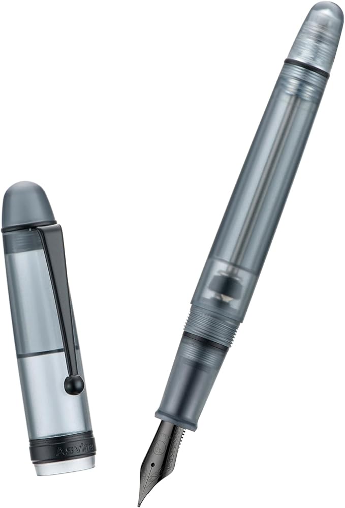 Asvine V126 Vacuum Filling Fountain Pen, Matte Black Acrylic Fine Nib, Large-Capacity Pen with Gift Case