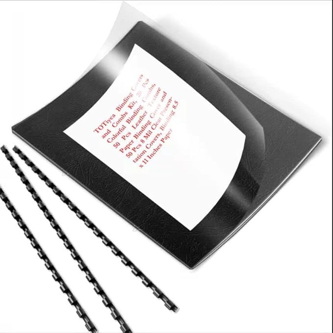TOTiyea Binding Covers and Combs Kit, 20 Pcs Colorful Binding Combs,50 Pcs Leather Texture Paper Binding Cover and 50 Pcs 8 Mil Clear Presentation Covers,Binding 8.5x11 Inches Paper.