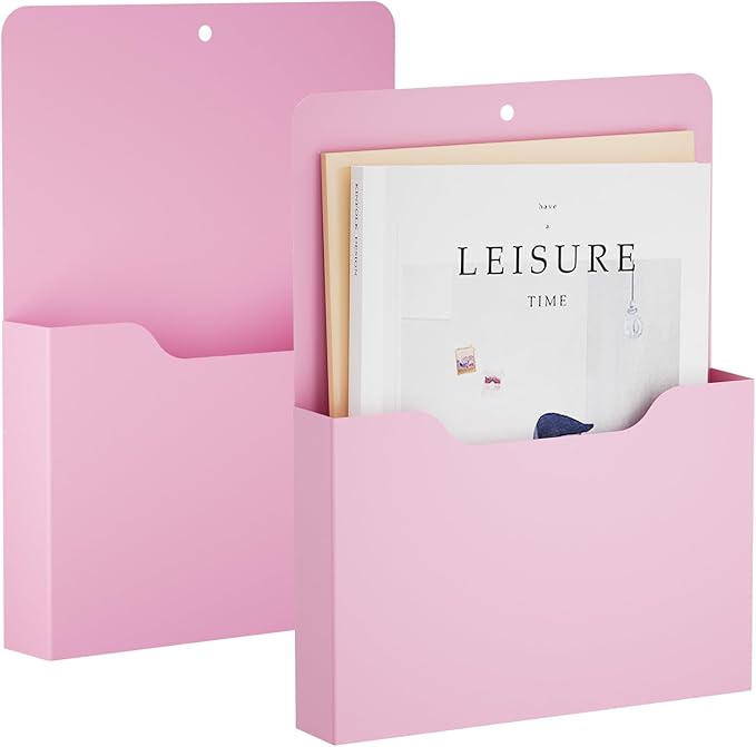 2 Pack Magnetic File Holder - Paper Holder, Pocket Organizer,Hanging Wall File Organizer Office Supplies Storage, Magazine Mail Organizer Case for Notebooks,Planners,Letter (Pink)