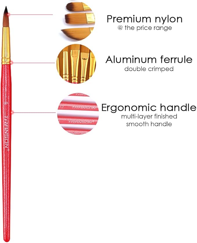 Transon Artist Paint Brush Set of 12 for Acrylic Watercolor Gouache Oil Craft Painting Pink