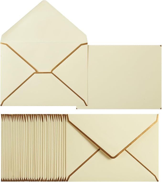 50 Pack Cream Color A4 Envelopes 4x6 Self-Adhesive V Flap Envelopes with Gold Border for Office, Greeting Card, Wedding, Graduation, Baby Shower, Parties, Invitations (4.25x6.25 inches)