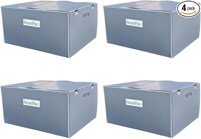 Reusable Foldable Box Corrugated PP Lightweight, Storage Moving, Heavy Duty Stackable, Tape Free Self-Locking Lid, Handles for Business Home In/Outdoors X-Large (Gray, 20x16x10 in)