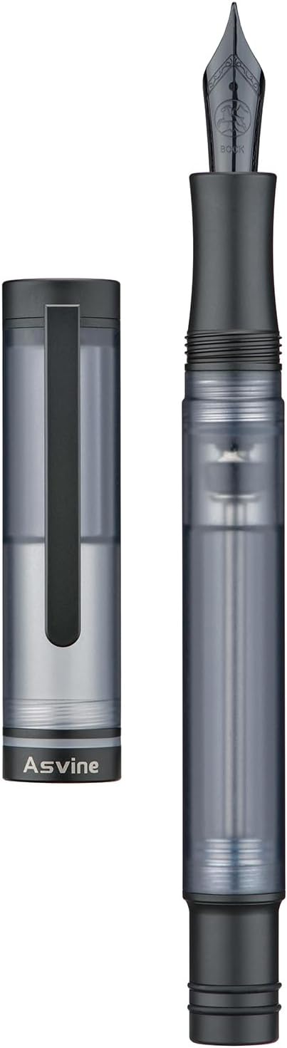 Asvine V200 Titanium Fountain Pen Vacuum Filling, Matte Black Bock Broad Nib Transparent Acrylic Smooth Writing Pen Case Set