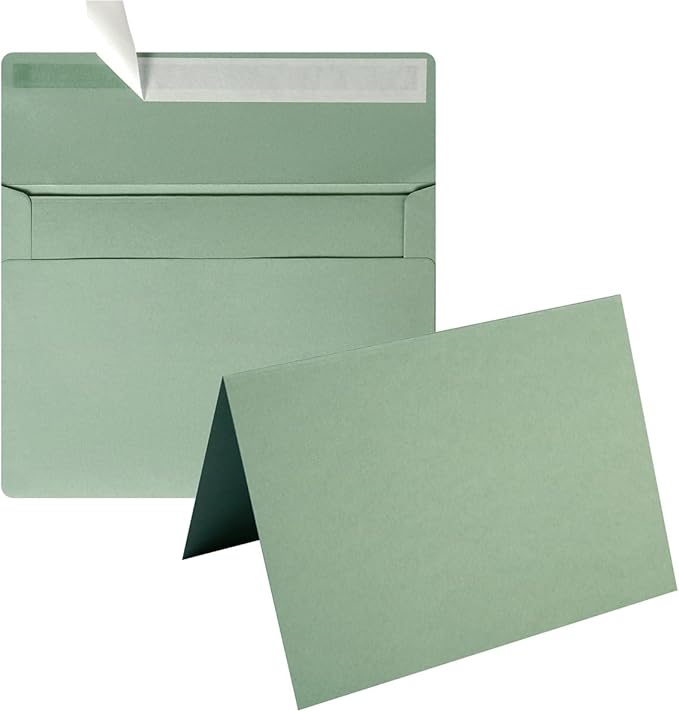 Wishop 50 Pack Self-Adhesive Envelopes with Fold Cards for Wedding Invitations, Greeting Cards, Baby Shower, Letter Mailing (Sage-Green, 4x6)