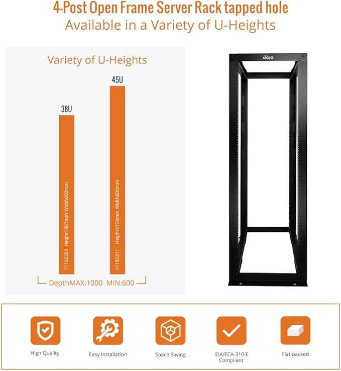 38U Open Frame Server Rack,4-Post Adjustable Depth 23.6 inch-39.3 inch Frame Rack,Professional It Rack for 19 inch Computer/AV/Data/IT Equipment,Tapped Hole
