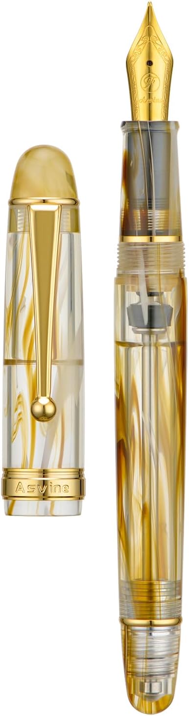 Asvine V126 Vacuum Filling Fountain Pen Extra Fine Nib, Brown Swirl Acrylic, Large-Capacity with Gift Case