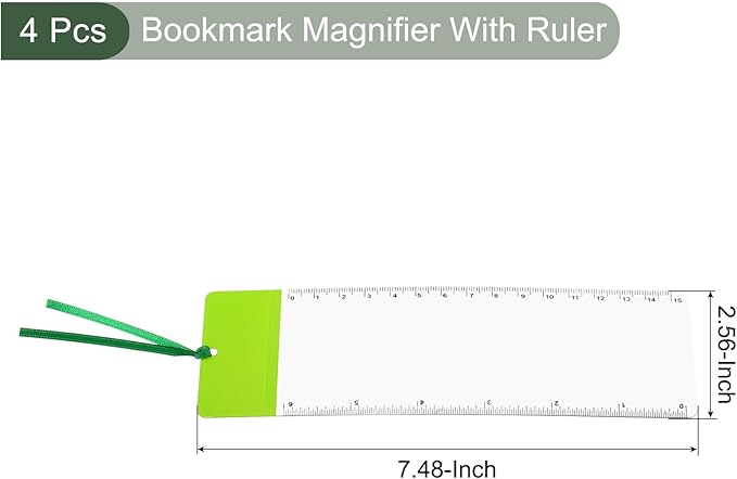 YOKIVE 4 Pcs Bookmark Magnifier with Ruler, 3X Magnifying Ruler | Magnifying Sheet, Great for Reading Small Fonts Maps Books (Green, 7.48-Inch)