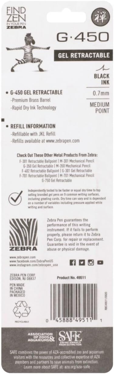 Zebra Pen G-450 Retractable Gel Pen, Black Brass Barrel, Medium Point, 0.7mm, Black Ink, 1-Pack (49511)