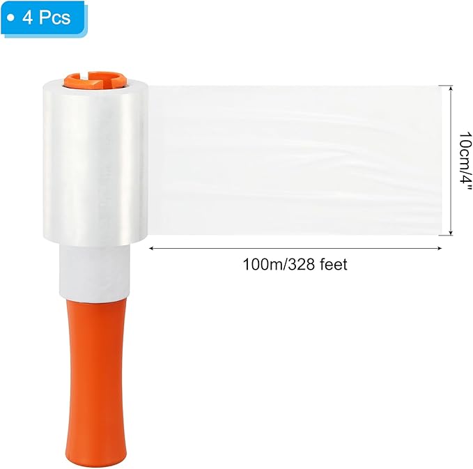 PATIKIL 4" x 328 Feet Stretch Wrap Roll, 4 Pack 80 Gauge/20 mic Thick Mini Shrink Stretch Film Industrial Clear Plastic Wrap with Handle for Box Packing Shipping Moving