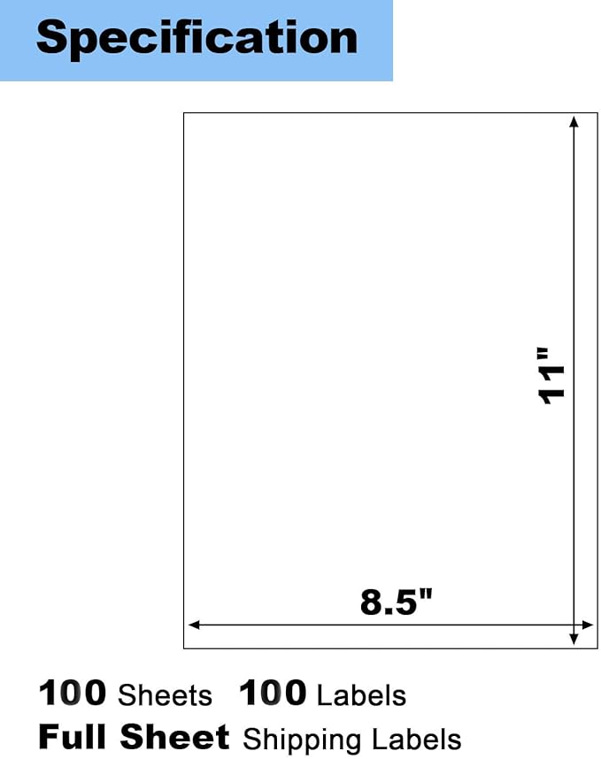 100 Labels 8.5"x11" Full Sheet Shipping Labels for Laser & Inkjet Printers, 8 1/2x11 Matte White 1 Per Sheet Full Page Mailing Label Sheets for Copier Printer, Full Size Labels