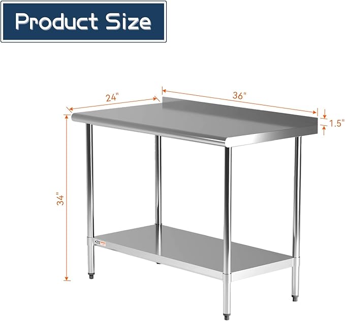 Stainless Steel Table for Prep & Work with Blacksplash and Adjustable Undershelf 36 x 24 inches,3ft, Heavy Duty Commercial Kitchen Table for Restaurant, Home, Hotel, Kitchen Prep Tables