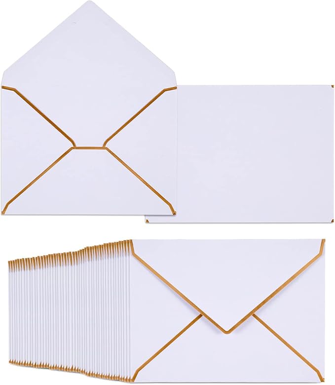 50 Pack White A4 Envelopes 4x6 Self-Adhesive V Flap Envelopes with Gold Border for Office, Greeting Card, Wedding, Graduation, Baby Shower, Parties, Invitations (4.25x6.25 inches)