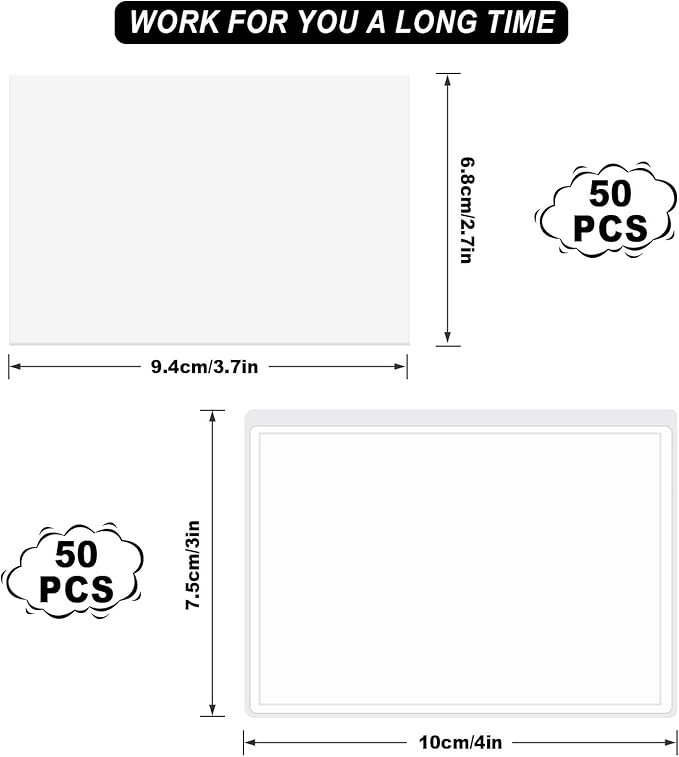 50 Pieces 3x4 inch Adhesive Plastic Pockets Sleeves with 50 Pieces White Insert Cards, Self Adhesive Clear Label Holder Index Card Pocket Sleeves Clear Plastic Sticky Labels Holders