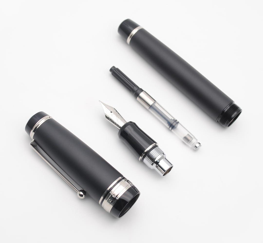 Metal Big Fountain Pen Set Medium Nib 0.7mm, Includes Ink Refill Converter, 5 Ink Cartridges & Gift Box (Medium Nib 0.7mm, Matte Black with Silvery Clip)