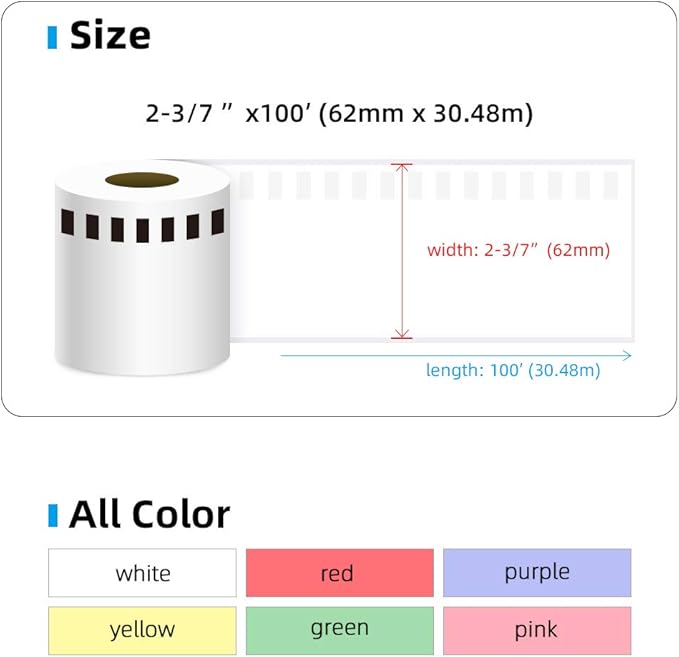Label Orison Compatible DK-2205 Yellow Continuous Paper Tape Labels DK22205 62mm x 30.48m(2-4/9"x100') for QL-820NWB QL-710W,6Roll Non-Detachable Cartridge