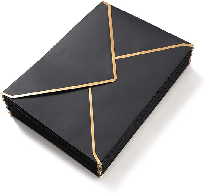 50 Pack A4 Envelopes Black 4x6 Self-Adhesive V Flap Envelopes with Gold Border for Office, Wedding Gift Cards, Invitations, Graduation, Baby Shower, Parties (4.25x6.25 inches)